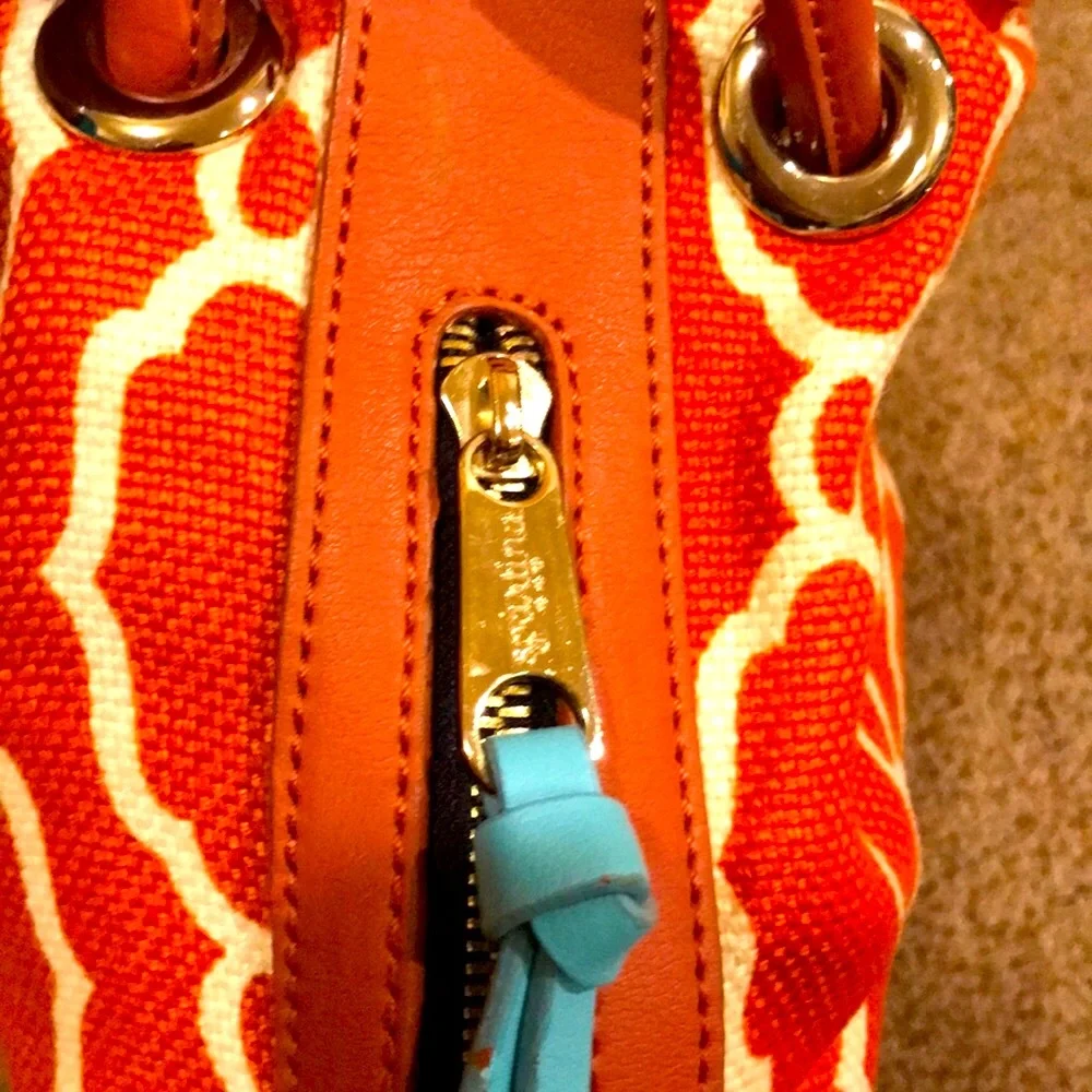 Spartina 449 Sallie Ann Orange Cream Navy leather linen Bucket Bag purse VGUC